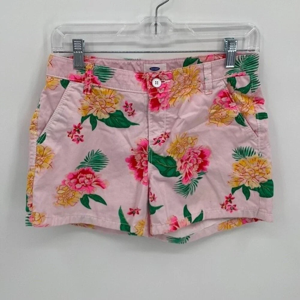 Old Navy Printed Chino Pink Green Floral Adjustable Waist Shorts Girls 16